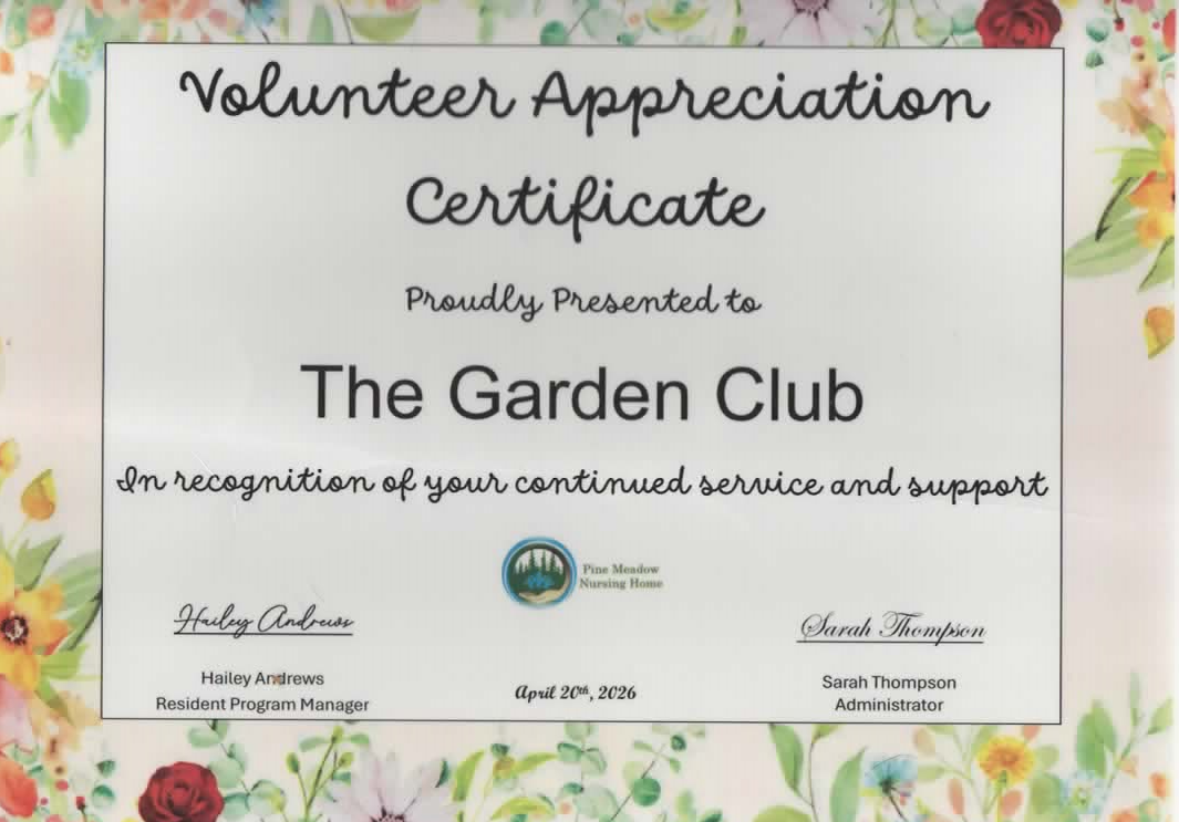 Pine Meadow Appreciation Certificate